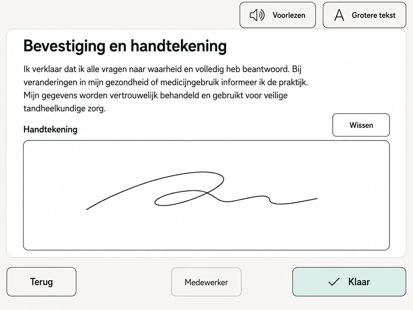 Bestätigung und Unterschrift am Ende der ODental Anamnese in der Tablet-Ansicht