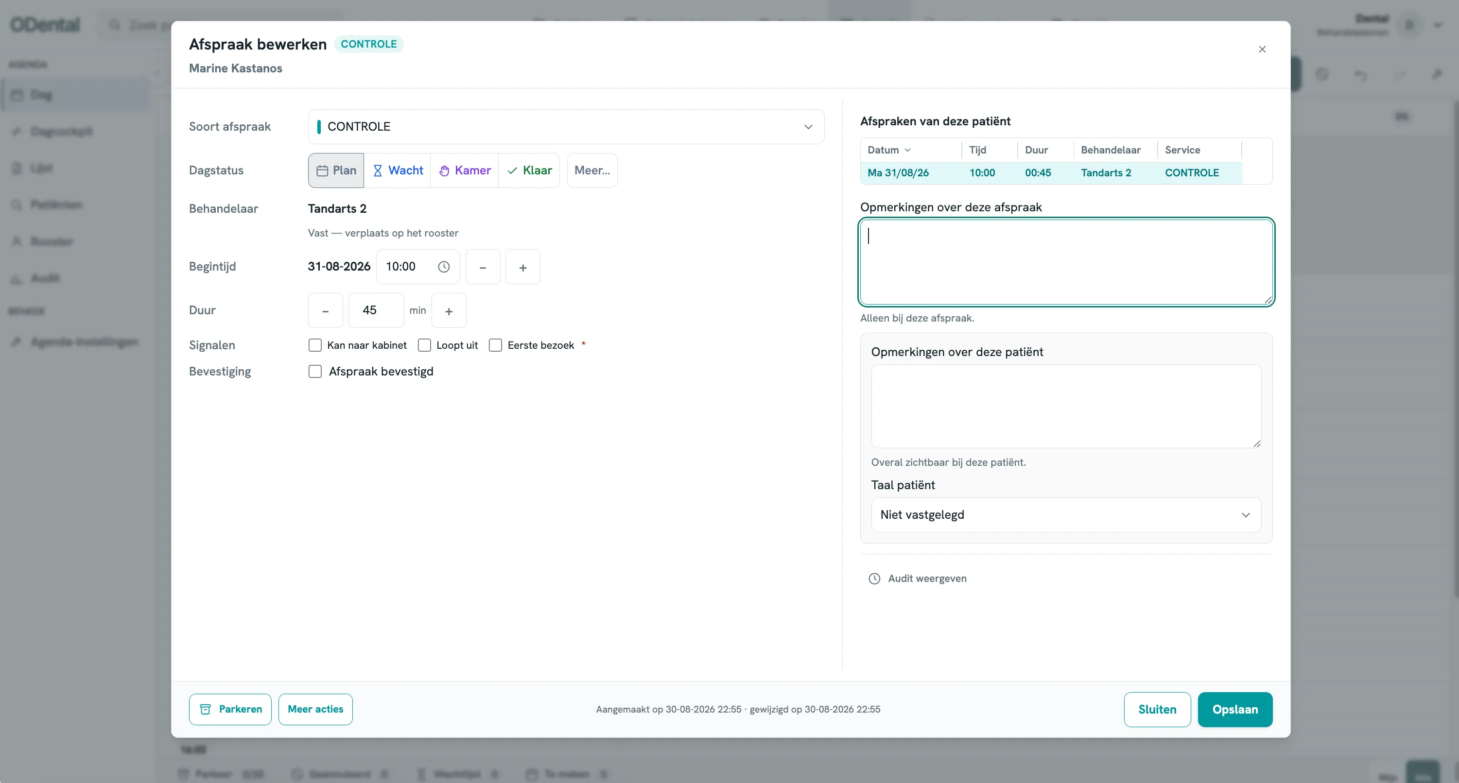 ODental appointment editing window