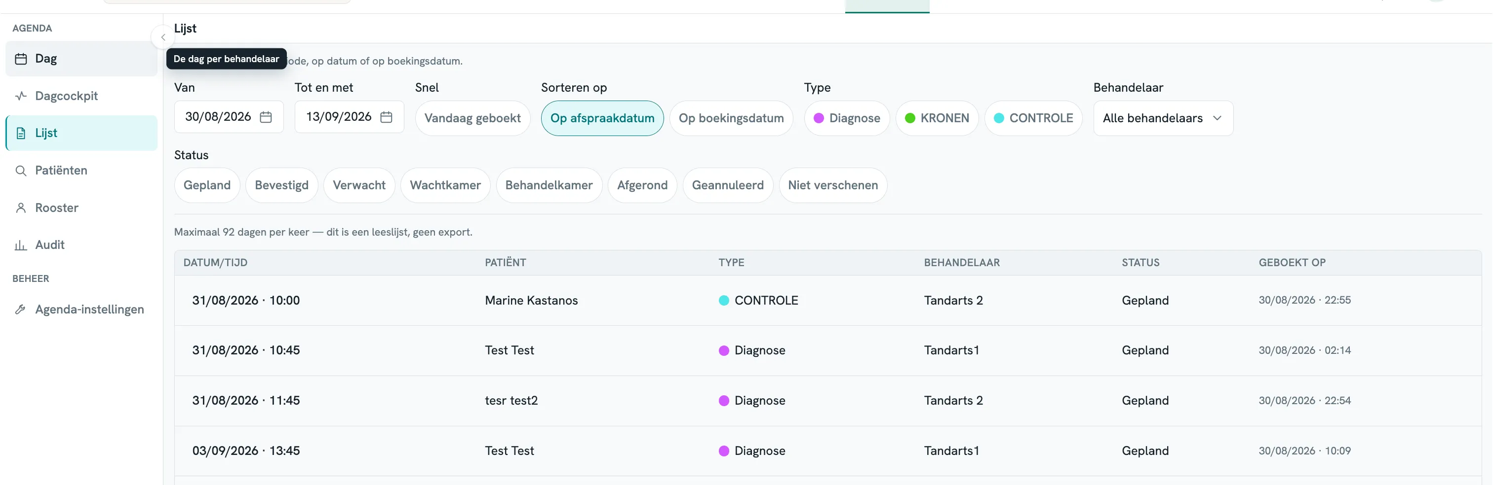 ODental appointment list with filters and planned appointments
