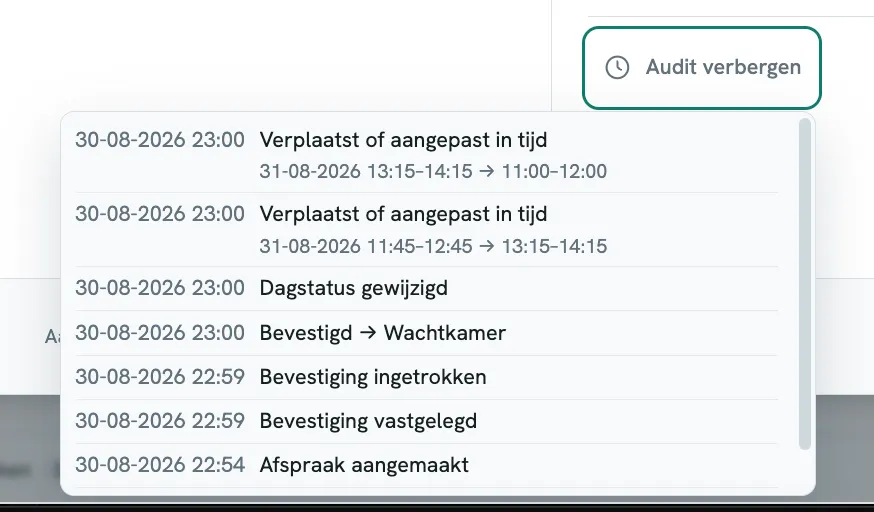 ODental-Änderungsverlauf eines Termins mit Zeiten und protokollierten Änderungen