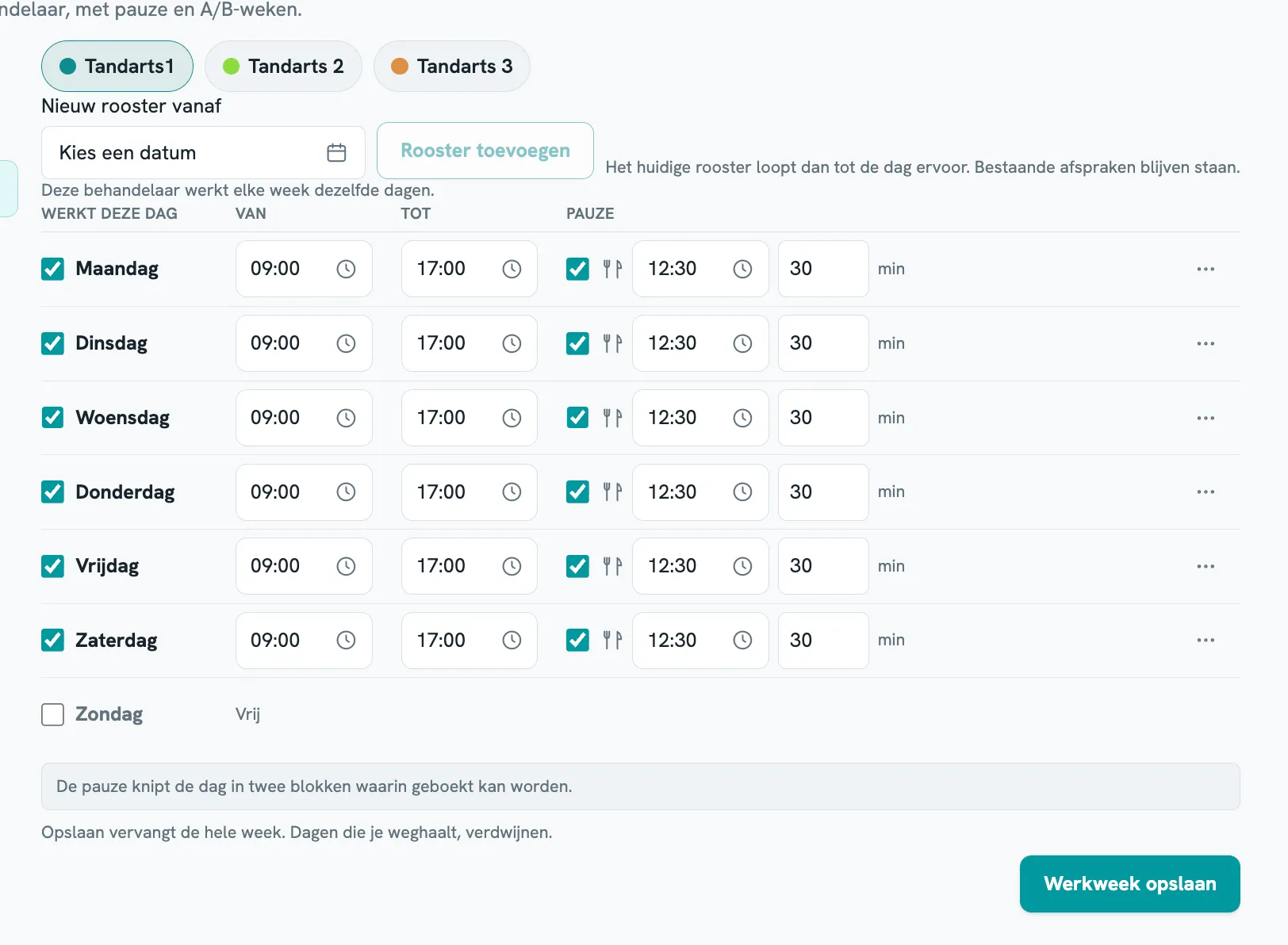 ODental clinician work schedule settings with hours, breaks and an effective date