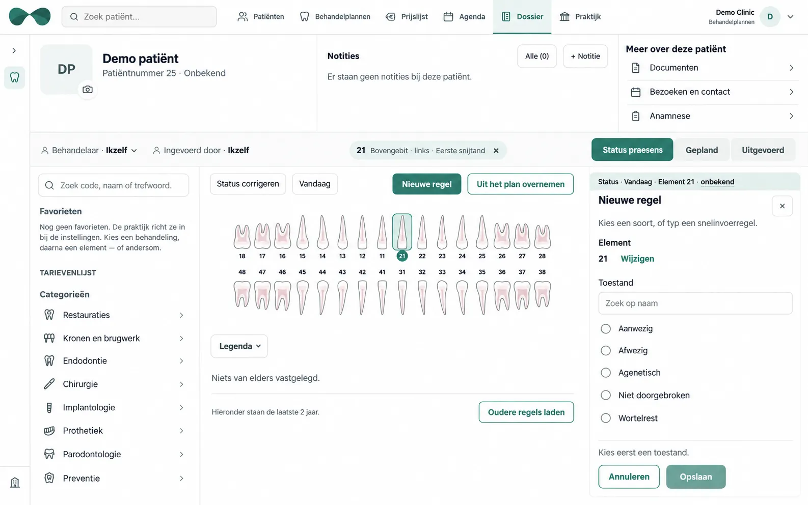 ODental Dossier on desktop with a demo patient, dental chart, quick menu and entry panel