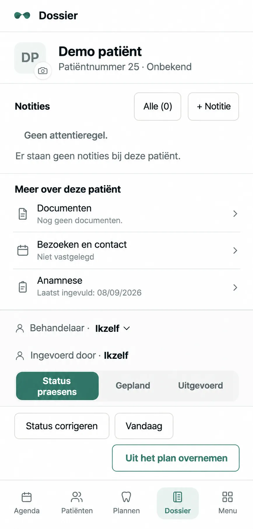 ODental Dossier on a phone with a demo patient, notes, documents and treatment status