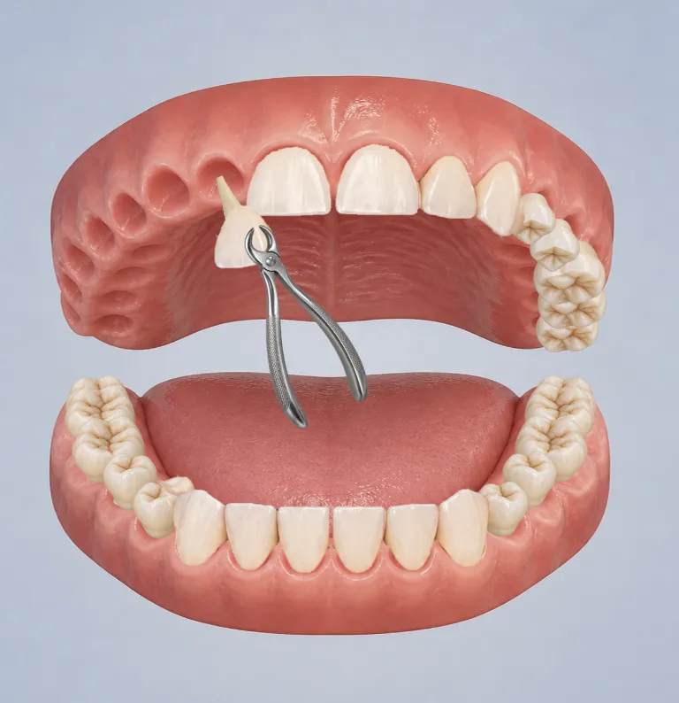 3D-Illustration eines Zahns, der mit einer Extraktionszange aus dem Oberkiefer entfernt wird