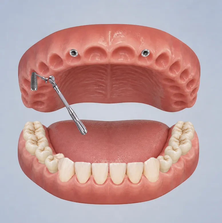 3D-Illustration von Ober- und Unterkiefer mit Implantaten und einem Instrument zum Einsetzen eines Implantats