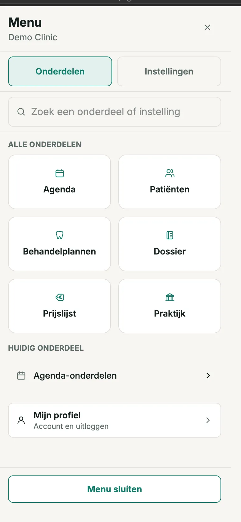 The ODental mobile menu with practice modules, search and settings