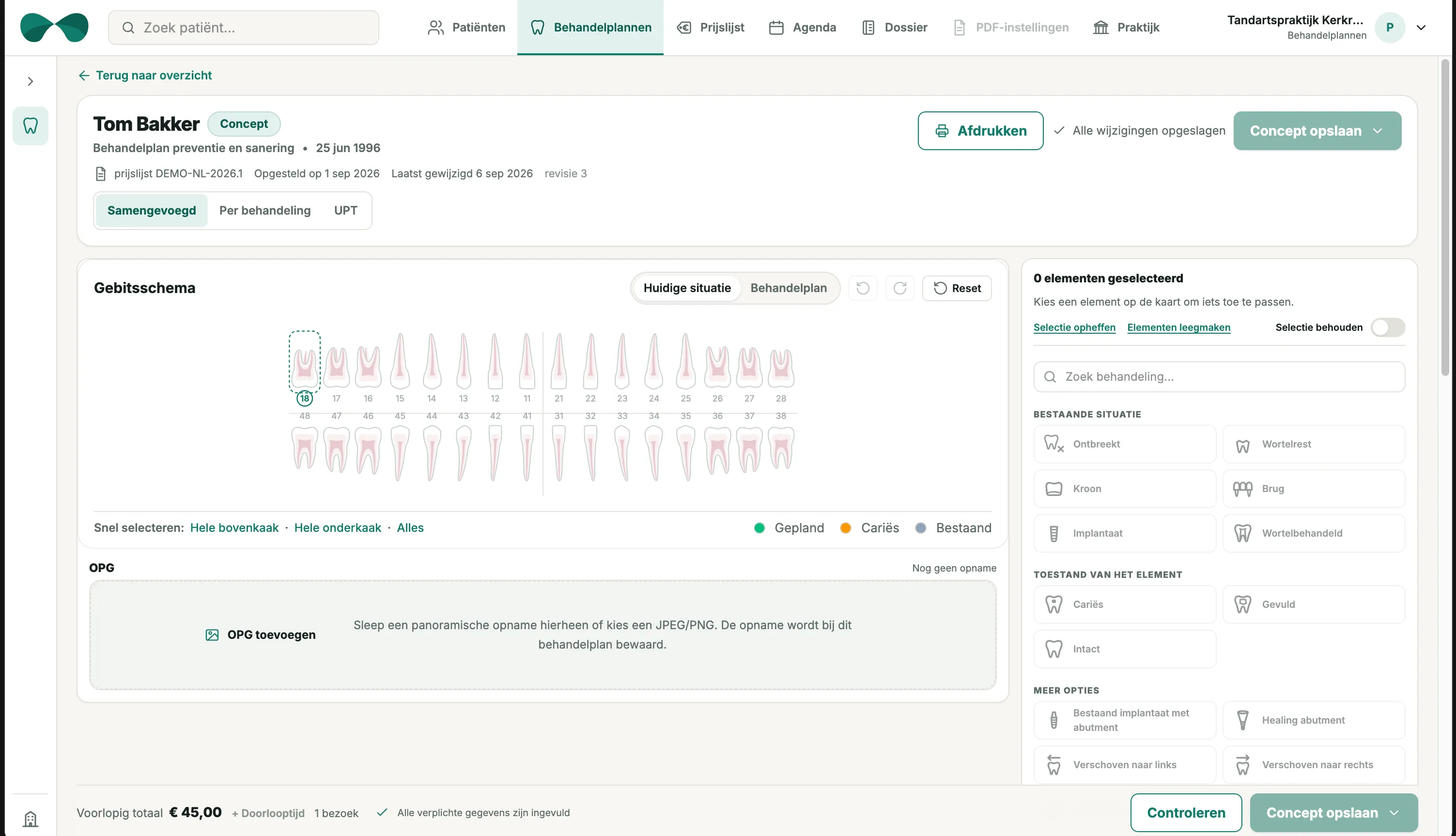 ODental-Arbeitsbereich mit dokumentiertem Zahnzustand und Eingabemöglichkeiten