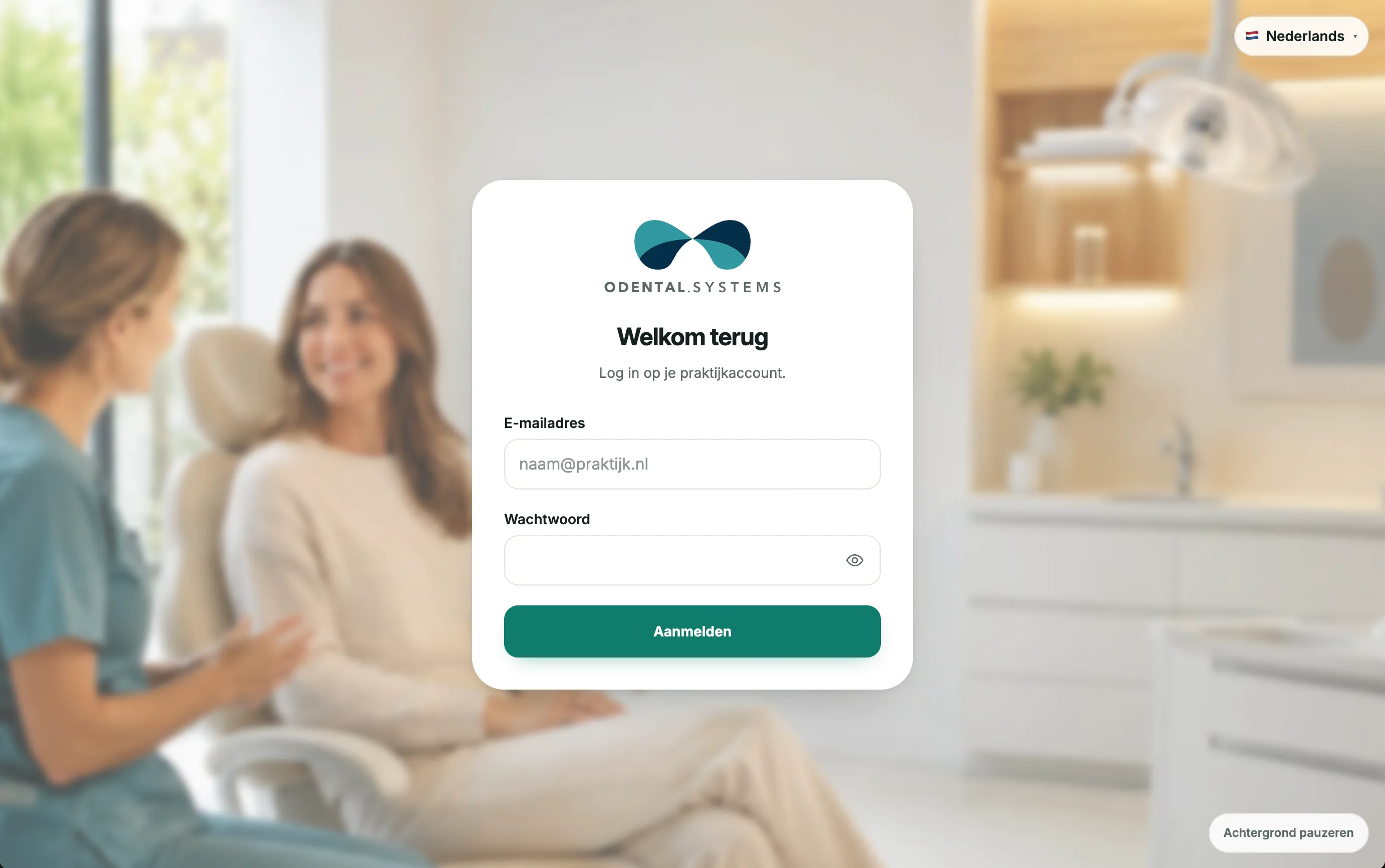 The ODental practice account sign-in screen, with language selection