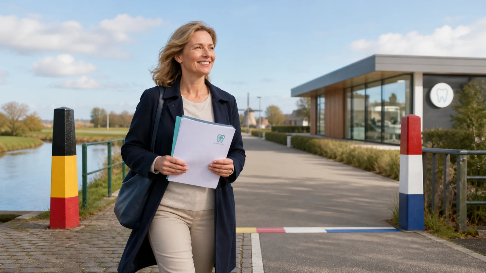 Een glimlachende Belgische patiënt met verzekeringsdocumenten op weg naar tandzorg in Nederland.